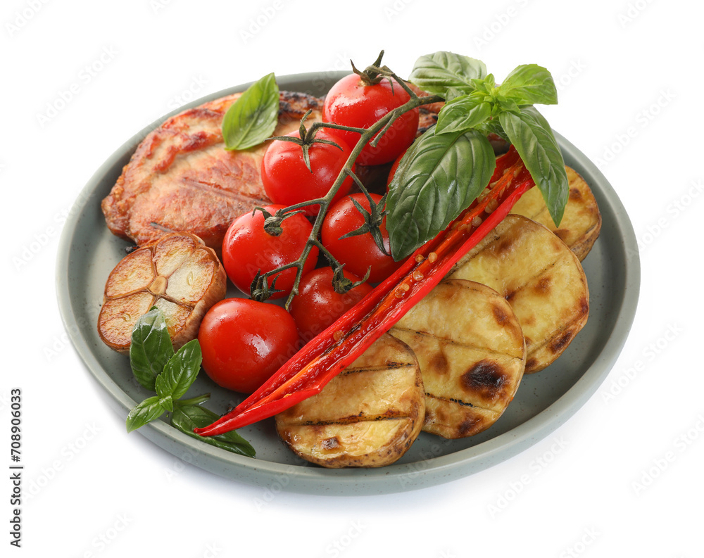 Plate with tasty grilled vegetables, meat and basil isolated on white Plate with tasty grilled vegetables, meat and basil isolated on white