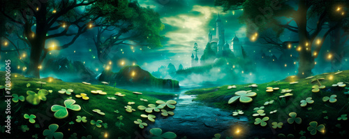 Abstract St. Patrick's Day background with golden four leaf clovers on a mystical green background with sparkling lights. Irish Folklore. Fantasy plot. Luck and fortune