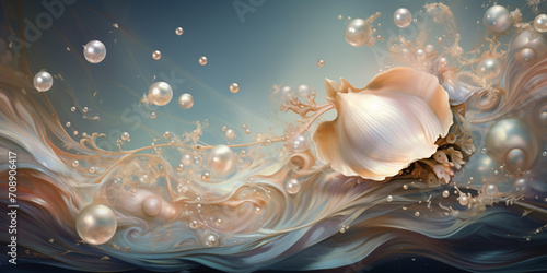 on the waves of the raging ocean there are many shining mother-of-pearl pearls and a shell, glamorous desktop wallpaper, background, cover,