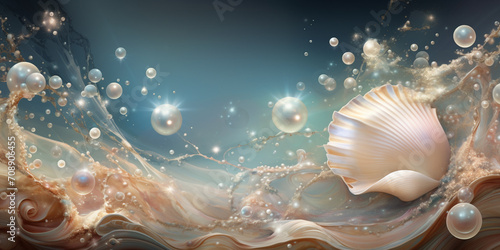 on the waves of the raging ocean there are many shining mother-of-pearl pearls and a shell, glamorous desktop wallpaper, background, cover, photo