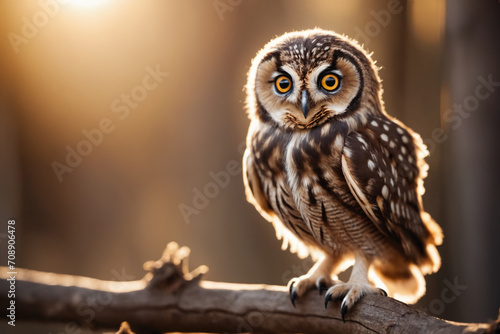 Close-up portrait of a cute small owl sitting on branch, looking at camera, cinematic light, selective focus, golden backlight