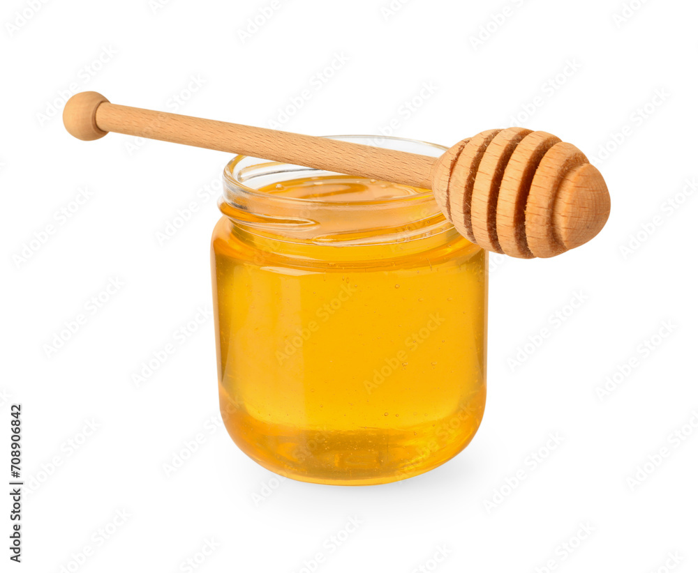 Tasty honey in glass jar and dipper isolated on white Tasty honey in glass jar and dipper isolated on white