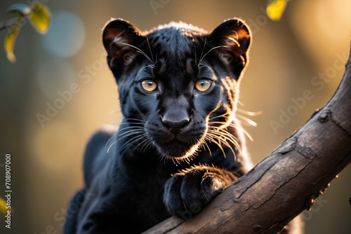 Close-up portrait of a cute small panther sitting on branch, looking at camera, cinematic light, selective focus, golden backlight © Giuseppe Cammino