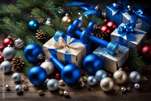  a festive sports-themed composition celebrating Christmas, featuring vibrant blue sports dumbbells, a beautifully wrapped gift, lush fir tree branches, and festive Christmas ornaments.