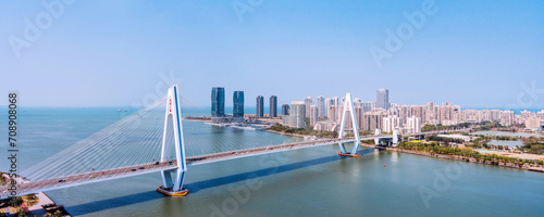 High View Sunny Scenery of the Haidian River Century Bridge in Haikou, Hainan, China #708908068