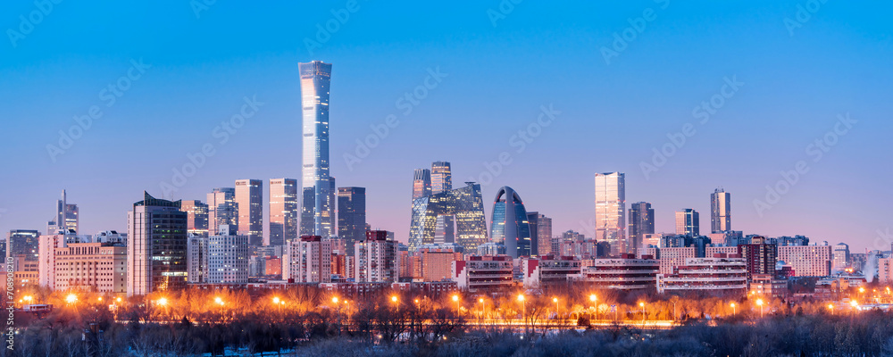 High View Night Scenery of CBD Buildings and Parks in Beijing, China in Winter