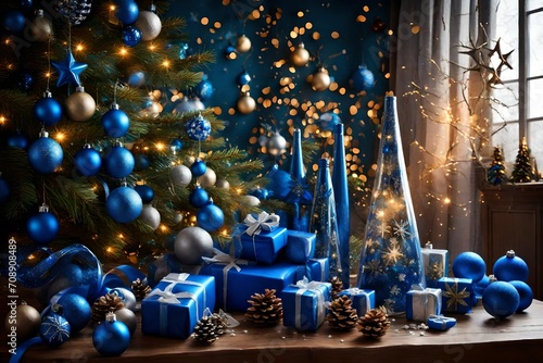  a festive sports-themed composition celebrating Christmas, featuring vibrant blue sports dumbbells, a beautifully wrapped gift, lush fir tree branches, and festive Christmas ornaments.