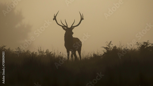 Red deer stag silhouette in the mist. AI Generative © We3 Animal
