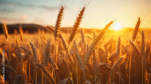 Sunset over wheat field.. Generative AI © Roman