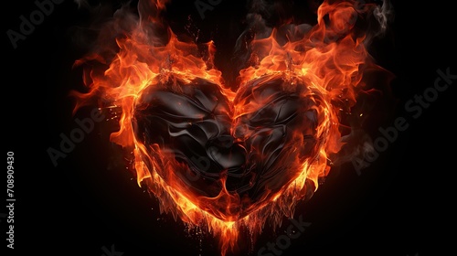 Fire ring love symbol, Fiery heart, black background. photo