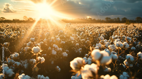 Scenic view of a cotton field with sun light photo