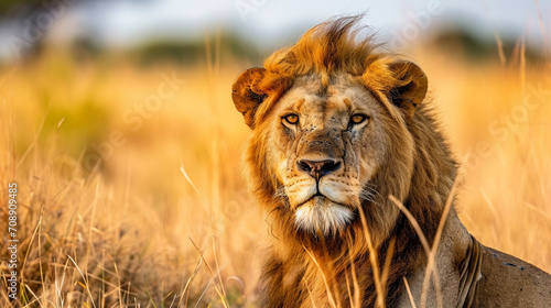 Lion portrait on savanna. Portrait of a strong male lion. AI Generative