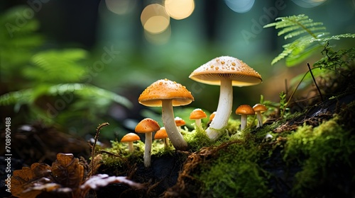 Wild mushrooms in forest.. Generative AI