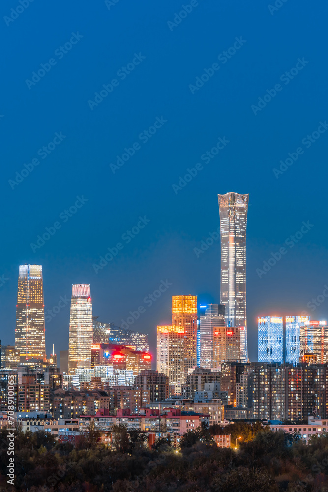 High View Night Scenery of Beijing CBD Architecture Complex and Ferris Wheel in China