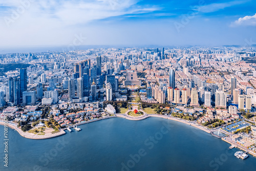 Aerial photography of the coastline of Fushan Bay and May Fourth Square in Qingdao, Shandong, China