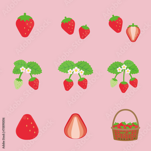 シンプルでかわいいイチゴのイラストセット（フラットデザイン）