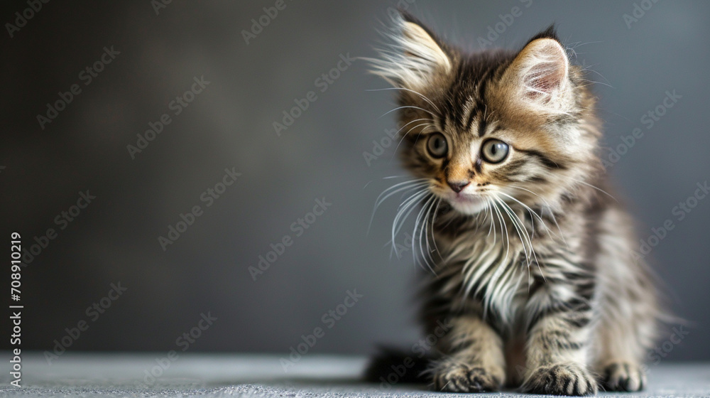 little fluffy kitten on a gray background, nice little kitten looking with big eyes. AI Generative - obrazy, fototapety, plakaty 