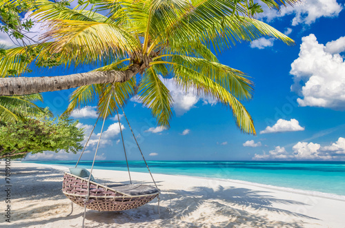 Tropical beach tourism panorama summer landscape. Leisure beach swing hammock peaceful white sand, beachfront calm sunny sea sky. Perfect romantic scene vacation exotic holiday. Wellbeing background