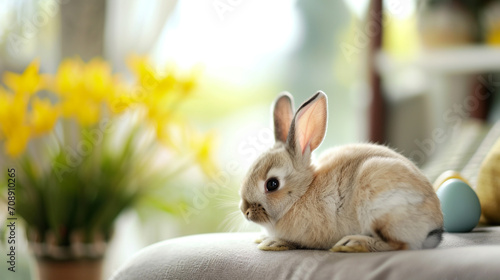 Lovely baby bunny easter rabbit relaxing in living room with easter eggs background. AI Generative