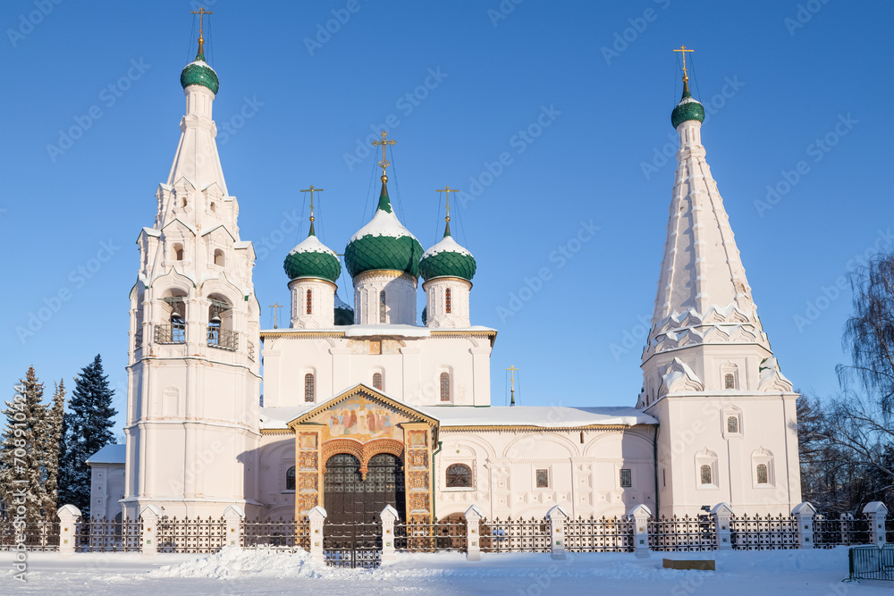 The ancient Church of Elijah the Prophet (1647-1650) close-up on a sunny January day. Yaroslavl, Golden Ring of Russia