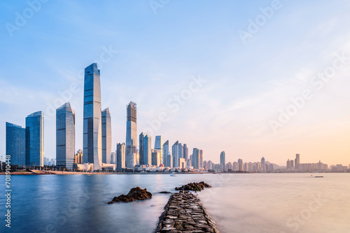 Morning Scenery of the Fushan Bay Coastal Architecture Complex in Qingdao, Shandong, China photo