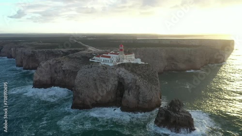 Aerial video of the lighthouse and cliffs at Cape St. Vincent. The sea view of the Algarve