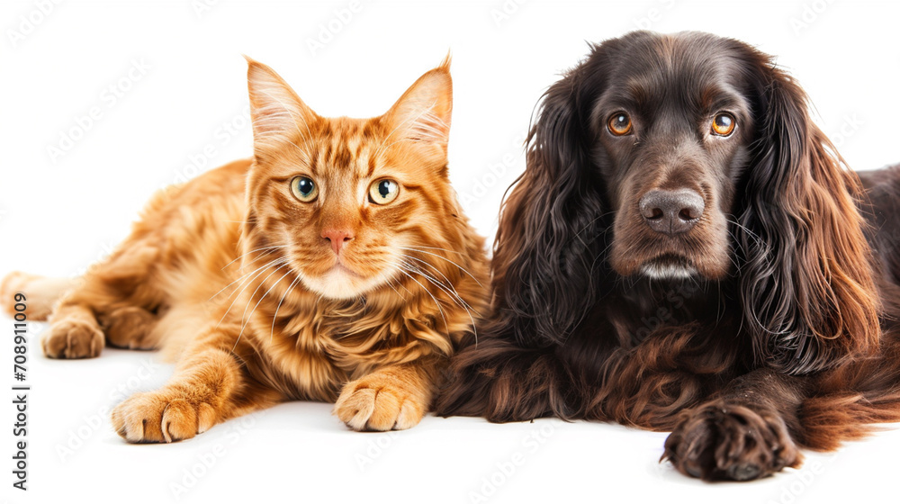 Portrait of a dog Russian Spaniel and cat Scottish Straight isolated white background. AI Generative
