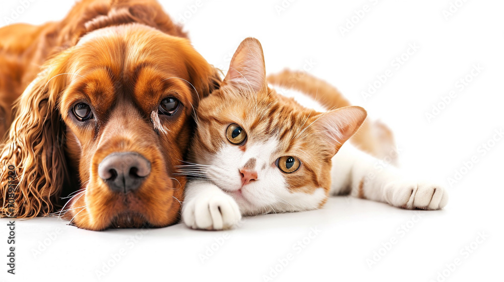 Portrait of a dog Russian Spaniel and cat Scottish Straight isolated white background. AI Generative