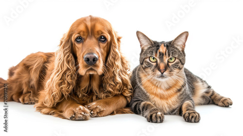 Portrait of a dog Russian Spaniel and cat Scottish Straight isolated white background. AI Generative © We3 Animal