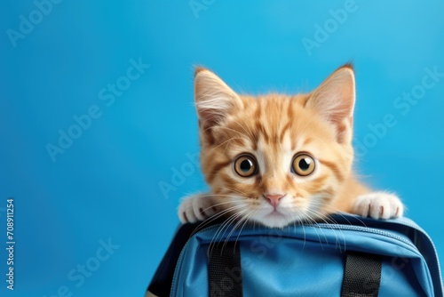 A red kitten peeks out of a school backpack on blue background.