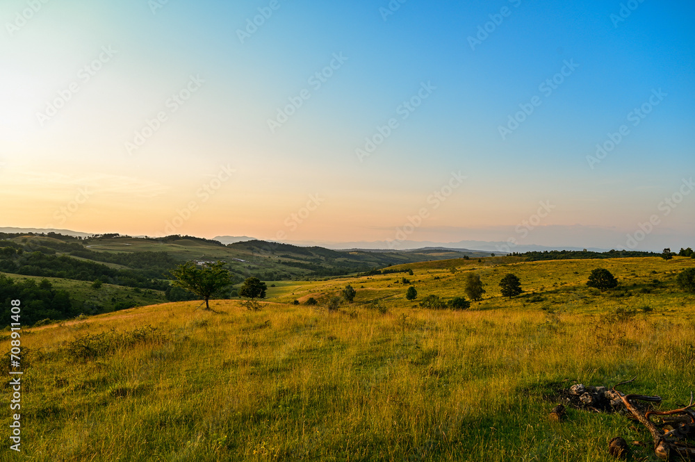 Beautiful sunset panorama over steppe-like landscape in Transylvania, with grasses, trees and mountains in the background, Hunedoara, Romania