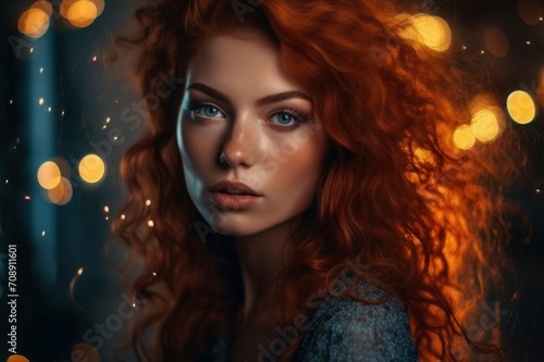 Passionate fiery woman fire. Magnificent and fashionable person with curly red hair. Generate AI