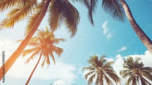 Palm trees on tropical beach, coconut trees. Tropical trees with sunlight in the sky, sunset and clouds abstract background. Vintage tone filter effect color style.