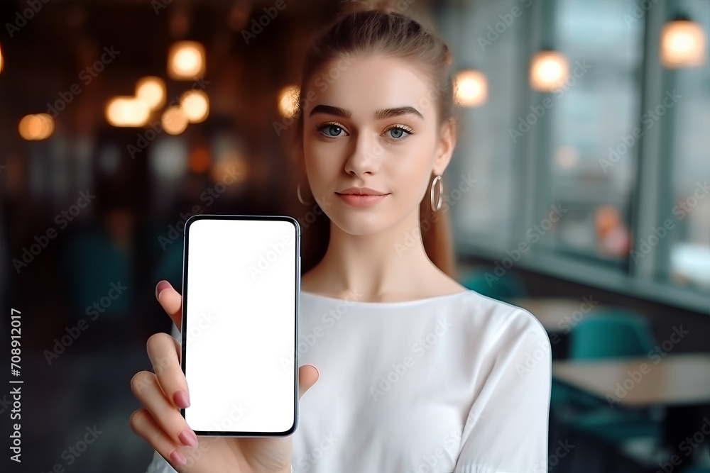 Beautiful girl holding a smartphone, shows the blank white screen for mock up, against a cozy cafe in blur