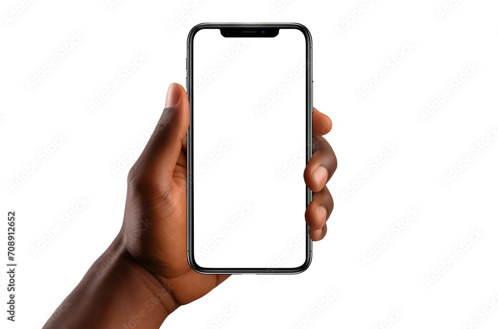 A mobile phone in the hand of an African American man, cut out - obrazy, fototapety, plakaty 