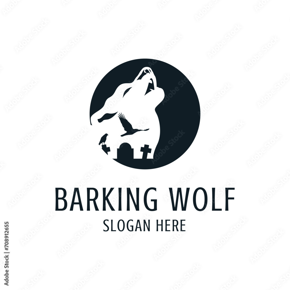 Horror logo vector featuring a barking wolf, a crow and a grave. Simple and modern. Suitable for any business, especially related to logos.