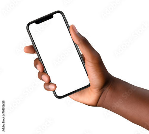 A mobile phone in the hand of an African American man, cut out photo