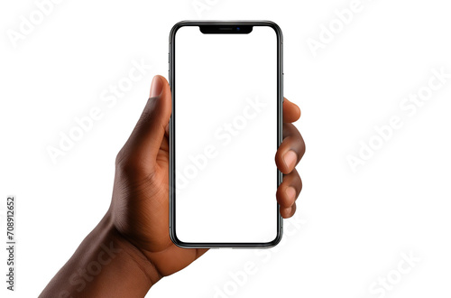 A mobile phone in the hand of an African American man, cut out photo