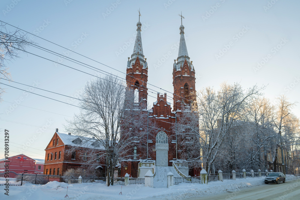 The ancient Catholic Church of the Sacred Heart of Jesus on a frosty January day, Rybinsk. Russia