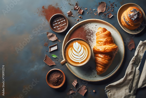 Artistic coffee and croissant setup with chocolate pieces.
