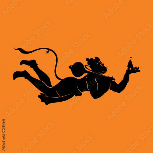 Silhouette of Hindu God Hanuman Carrying Mountain on Orange - Hanuman Minimal Illustration - Clipart Silhouette 
