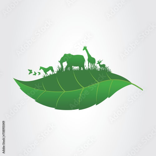 Nature conservation concept with animals on a leaf silhouette - Nature Environment Leaf - Green Life Animals Forest - Wild life - Save Planet - Save Earth - Save Nature