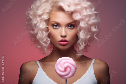 A blonde woman with curly hair holds a swirled lollipop. The concept is playful indulgence and beauty.
