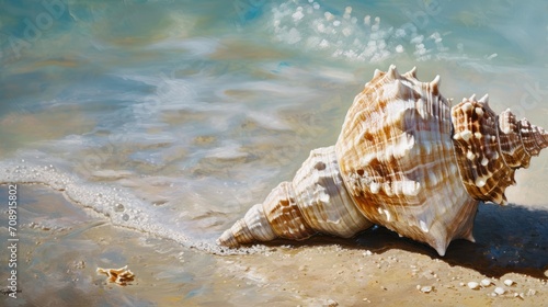  a close up of a seashell on a beach near a body of water with a wave coming in from the water and a starfish in the foreground.