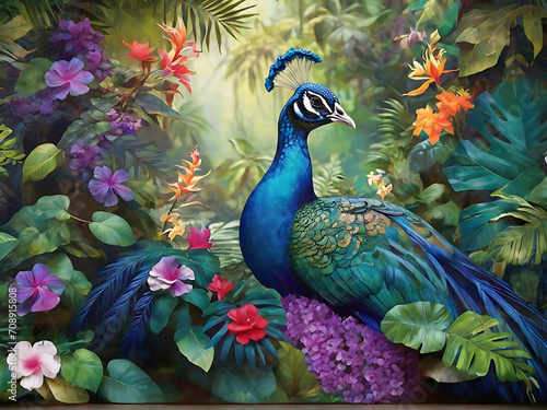 Photo tropical rainforest with peacock with leaves flowers.