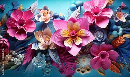 Cartoon fantasy illustration in the style of meticulous fantasy and sense of awe, tropical flowers, gold, azure and magenta. vivid 3D. Generative Ai

 photo