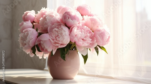A bouquet of pink peonies in a vase on the windowsill for congratulations on Mother's Day, Valentine's Day, Women's Day. Romantic background and greeting card.