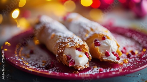  two pastries on a plate with powdered sugar and pomegranates on the rim of the plate, with a colorful boke of lights in the background.