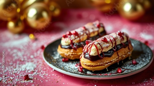  a plate topped with crepes covered in toppings on top of a pink table cloth next to a gold christmas ornament and a red table cloth.