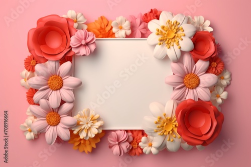 A colorful exhibition of flowers and a paper flower frame against a pink background